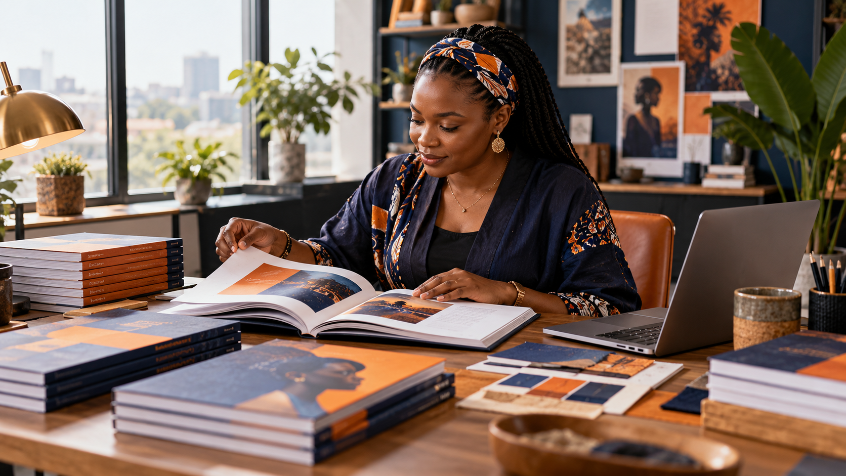 A publication designer reviewing a printed book